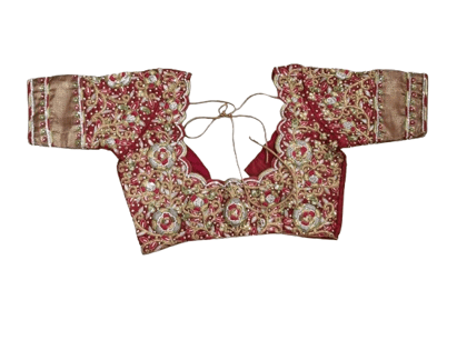  Red and gold embroidered boat neck blouse