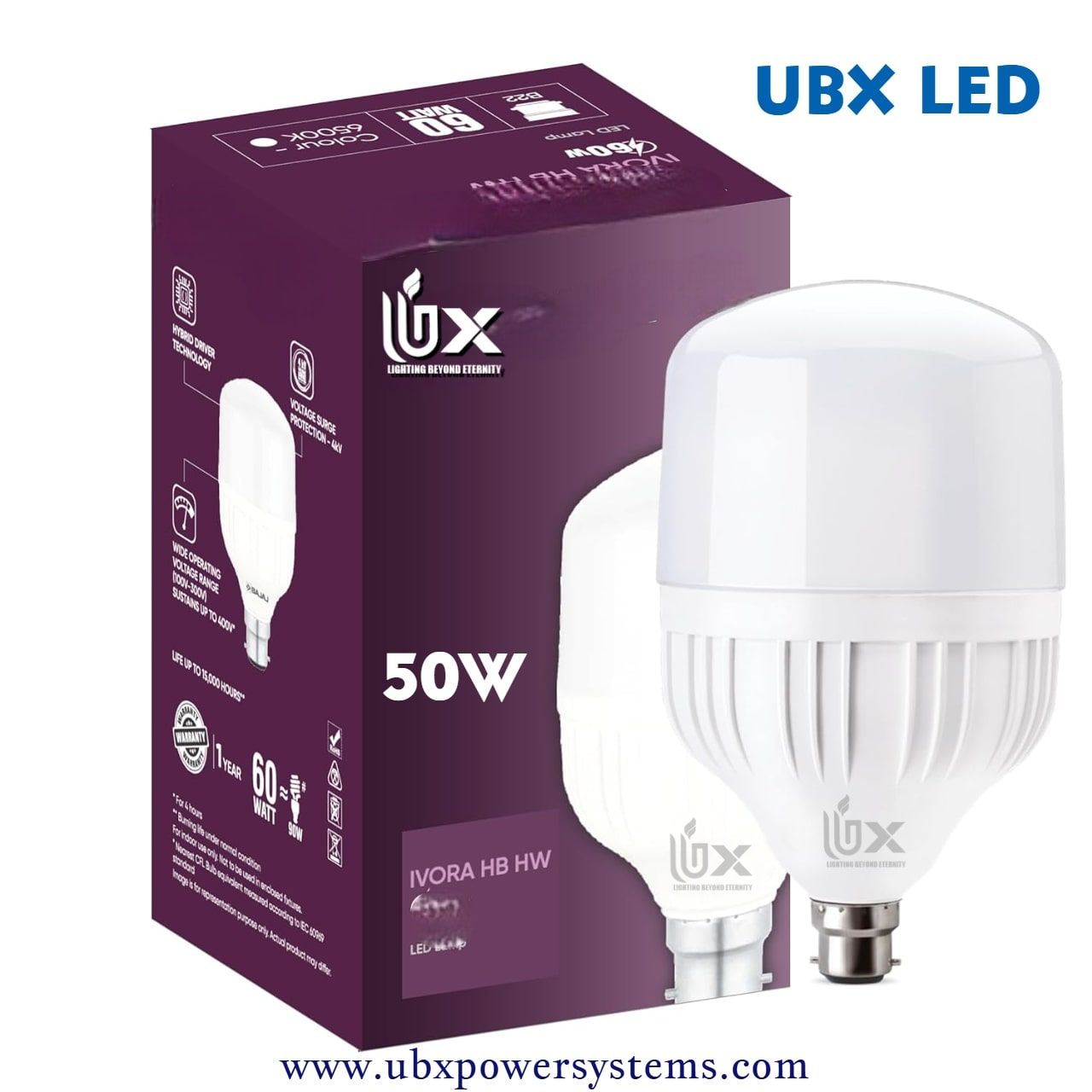  50W LED Bulb, 15000 Hours Life, B22 Holder, Cool White