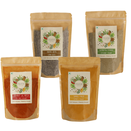 Rasatva Spices Combo | Unjha Jeera / Cumin Seeds | Jodhour Lal Mirch / Red Chilli Powder | Sangli Haldi / Turmeric Powder | Kumbhraj Dhania / Coriander Powder | Pack of 4 x 250g each