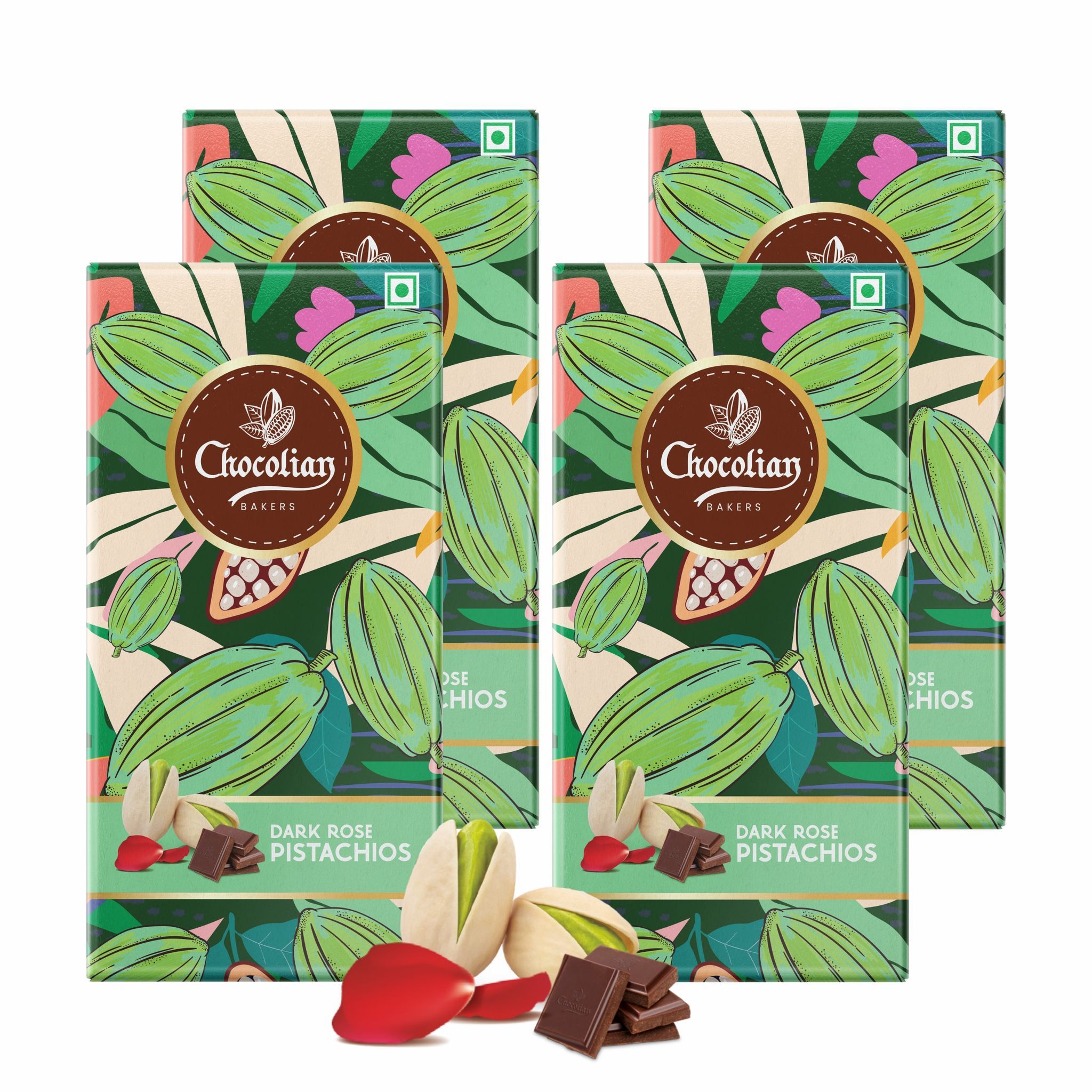 Chocolian Bakers Dark Chocolate With Rose & Pistachio Bar | Pack Of 4 | 100% Veg | Eggless |