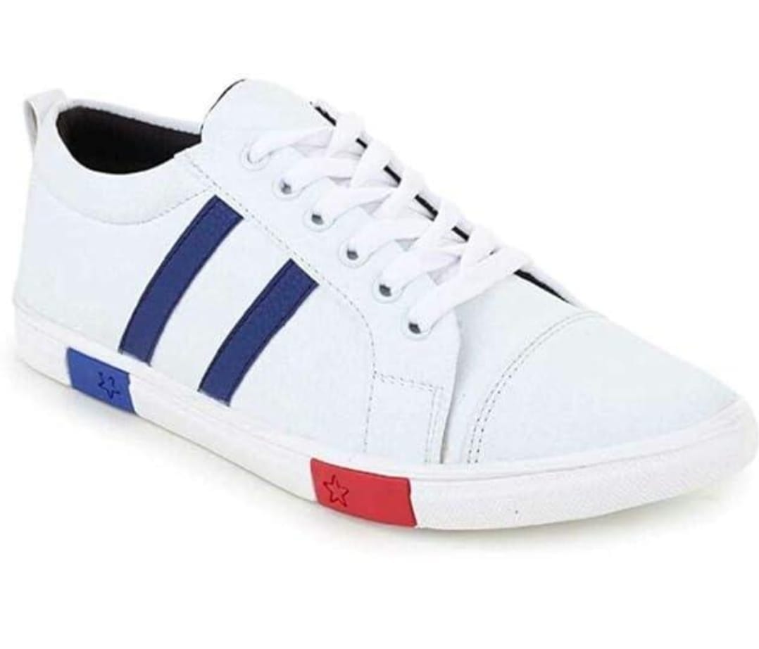  Men's Casual Sneakers - White with Blue Stripes