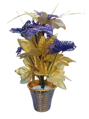  Artificial Flower Potted Plant with Golden Leaves and Purple Flowers for Home Decor