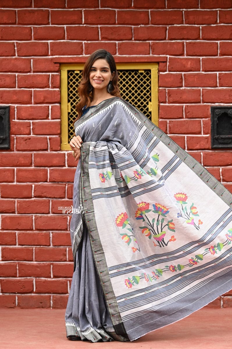 Rajsi~ Pure Cotton Handloom - Muniya Border in Greyish Blue with Silver Border