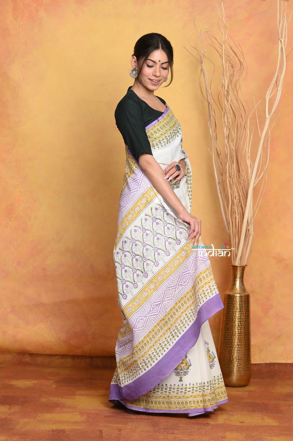 Handblock Printed Cotton Saree With Natural Dyes