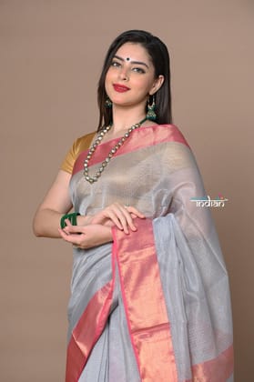 Rajsi~Handloom Ari Checks Cotton Silk Saree with Golden Border~ grey