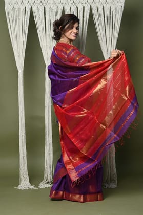 Handloom Cotton Silk Maheshwari Saree With Sleek Golden Border~purple