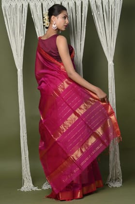 Handloom Cotton Silk Maheshwari Saree With Sleek Golden Border~Red