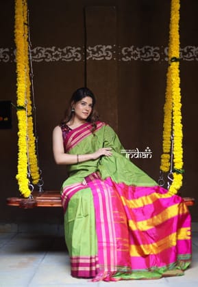 Handloom Cotton Viscose Ilkal Saree With Pure Resham Pallu ? Bright Green With Pink Border