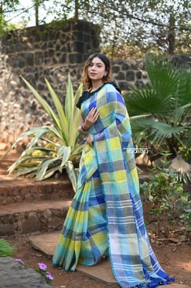 Exclusive! Pure Linen Saree in Beautiful Geometric Checks All over~Green Blue Shades