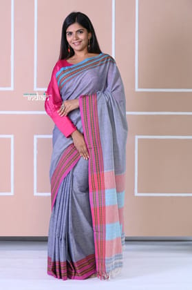 Traditional Patteda Anchu Ilkal Handloom Saree~ Grey With Blue Border