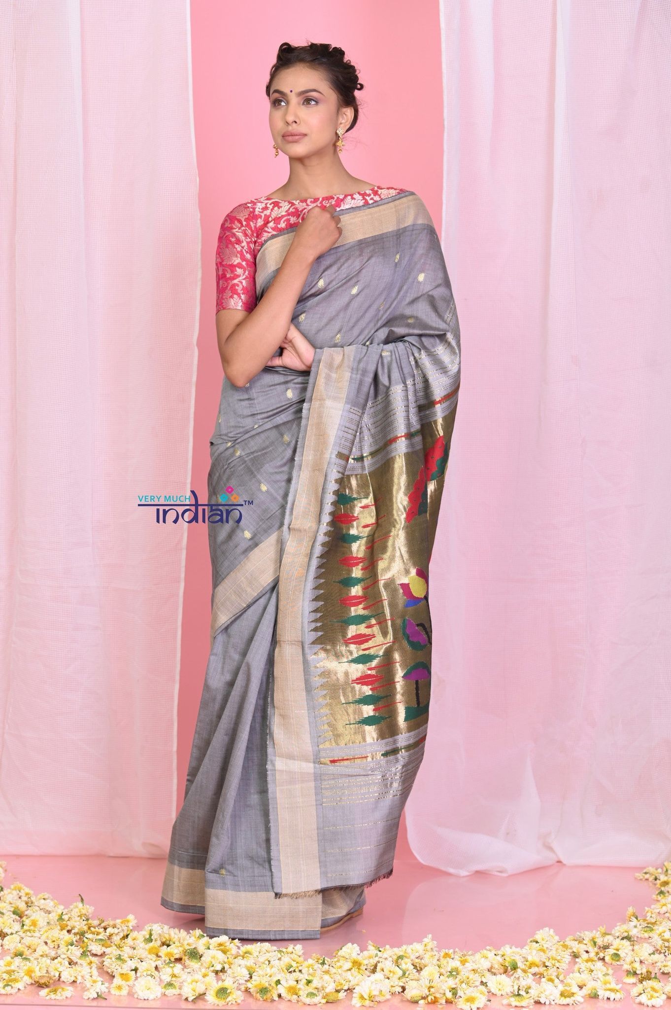 Pehal~ Traditional SilverStone Cotton Paithani Saree with Authentic Floral Pallu