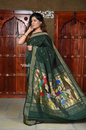 Rajsi~ Pure Cotton Handloom - Maharani Paithani in Rich Forest Green with Rich Golden Border