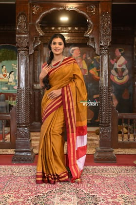 Handloom Cotton Viscose Ilkal Saree With Pure Resham Pallu ? Bright Beige Yellow With Red Border