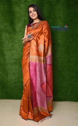 Handwoven Raw Dupion Silk Saree - Orange colour