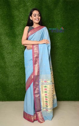 Cotton Paithani with Chatai Border - Handloom Sky Blue with Pink Border Paithani with Traditional Double Pallu and Paithani Border (Narali Border)