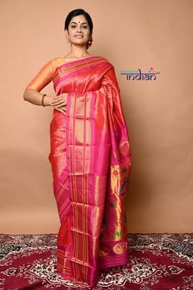 Pure Silk Handloom Maharani Paithani - Complete Brocade Work throughout Saree - Peach Pink with Pink Border