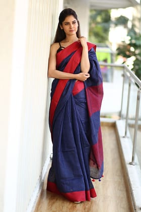 Pure Organic Linen Saree – Navy Blue And Red Bordered