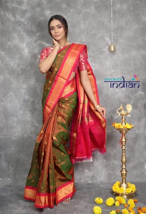 Rajsi~ Pure Silk Handloom - Maharani Paithani in dual shade of Olive Green and Magenta Border