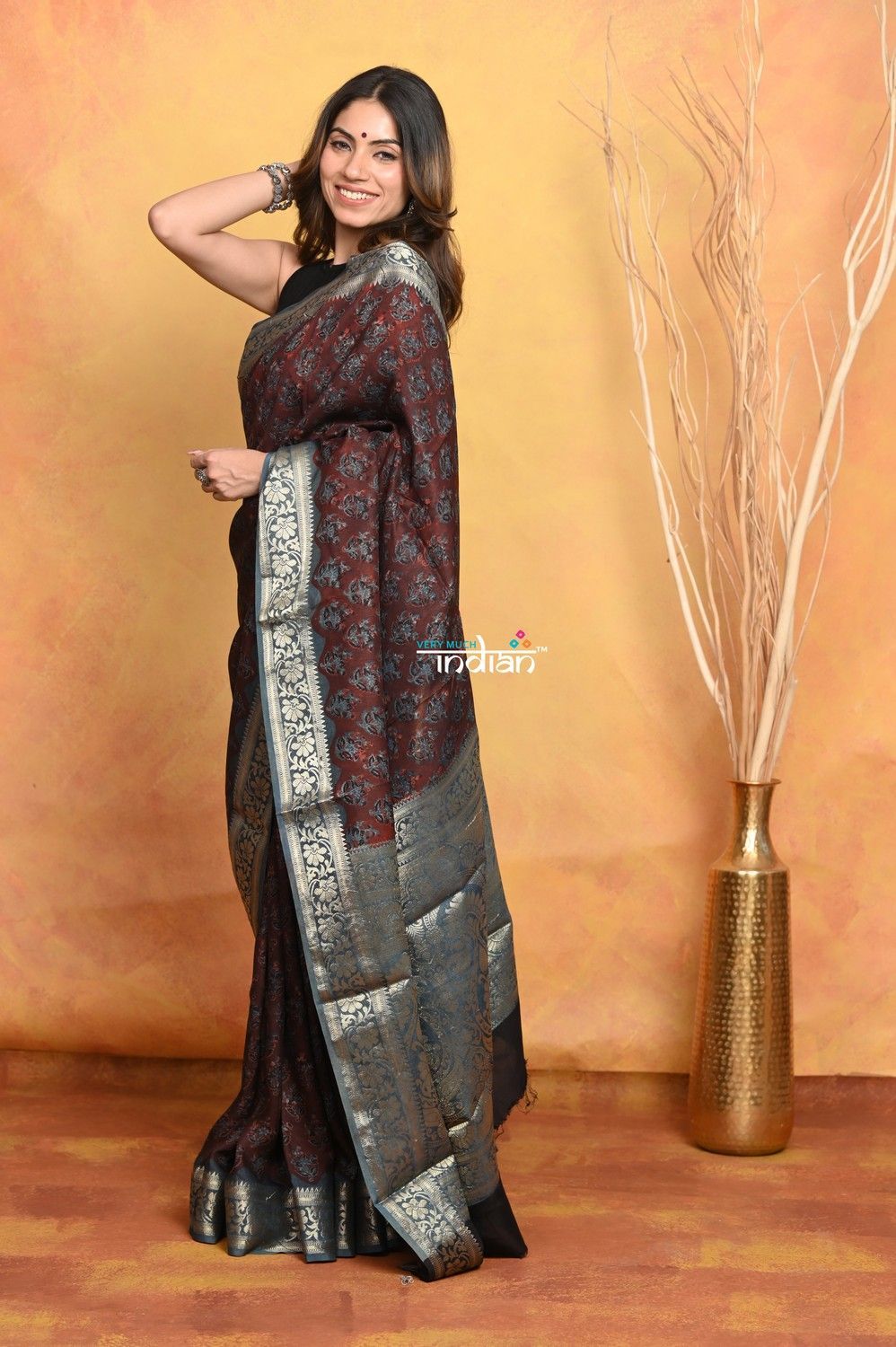 Modal Silk Ajrakh Handblock Printed Natural Dyes With Designer Border