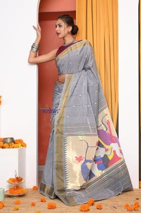 EXCLUSIVE! Traditional Handloom Grey Cotton Paithani With Radha Krishna Pallu