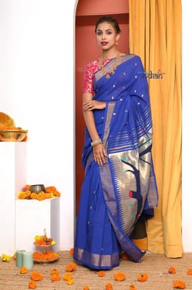 EXCLUSIVE! Traditional Handloom Ink Blue Cotton Paithani With Radha Krishna Pallu