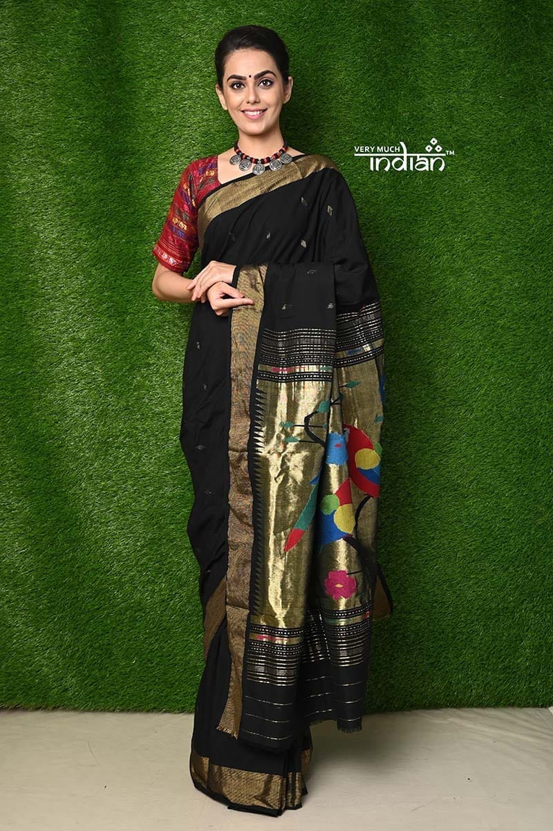 Exclusive Cotton Handloom Paithani - Black Colour with Designer 3 Parrots Pallu