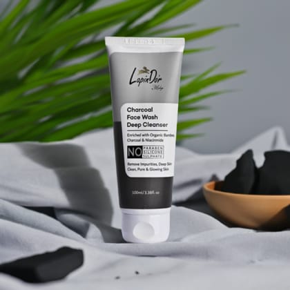 LapinDor Charcoal Face Wash - Deep Cleanser with Organic Bamboo Charcoal & Niacinamide - Paraben, Silicone, Sulphate Free - 100ml/3.38fl.oz. | Free Delivery all over India