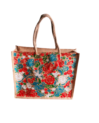  Floral Printed Jute Tote Bag with Double Handles