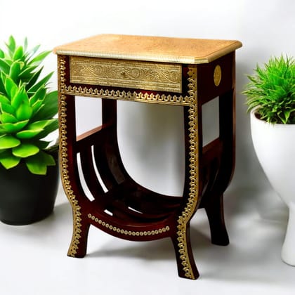 Handcrafted Bed side  Brass and Wood Accent Table Size :- 18x12x24