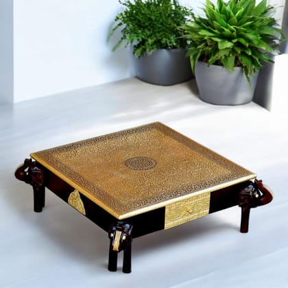 Handcrafted Wooden Coffee Table / pooja chowki with Brass Overlay and Elephant Base  Size:- 15x15x6