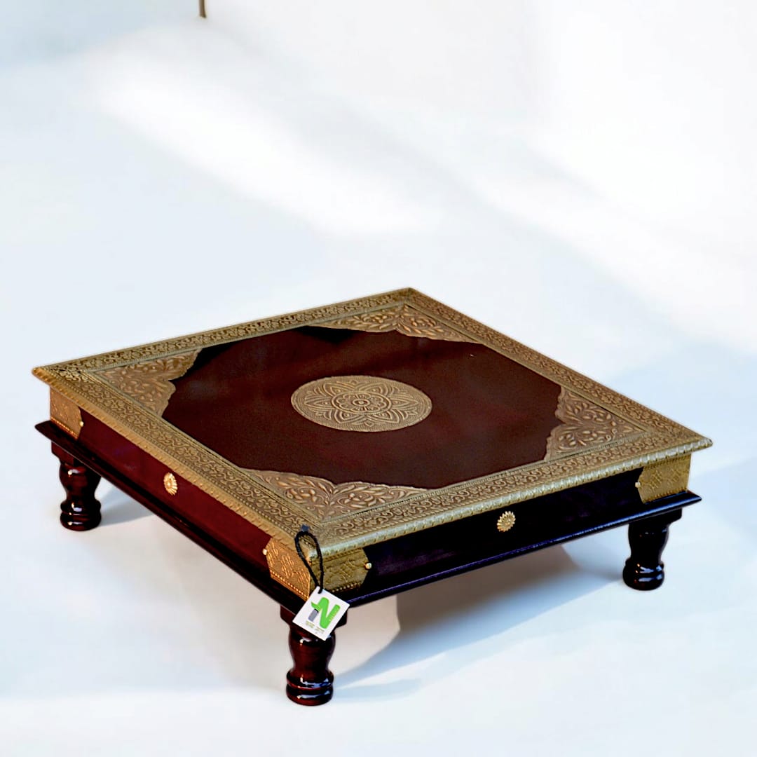 Handcrafted Wooden Pooja chowki /Coffee Table with Ornate Metal Inlay / brass fited