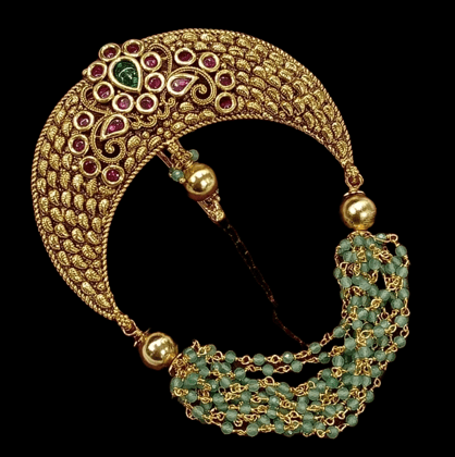  Gold Plated Kundan Meenakari Peacock Hair Juda Pin with Green Beads