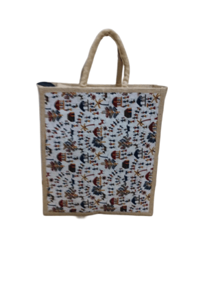 Handmade Jute Tote Bag with Colorful Village Scene