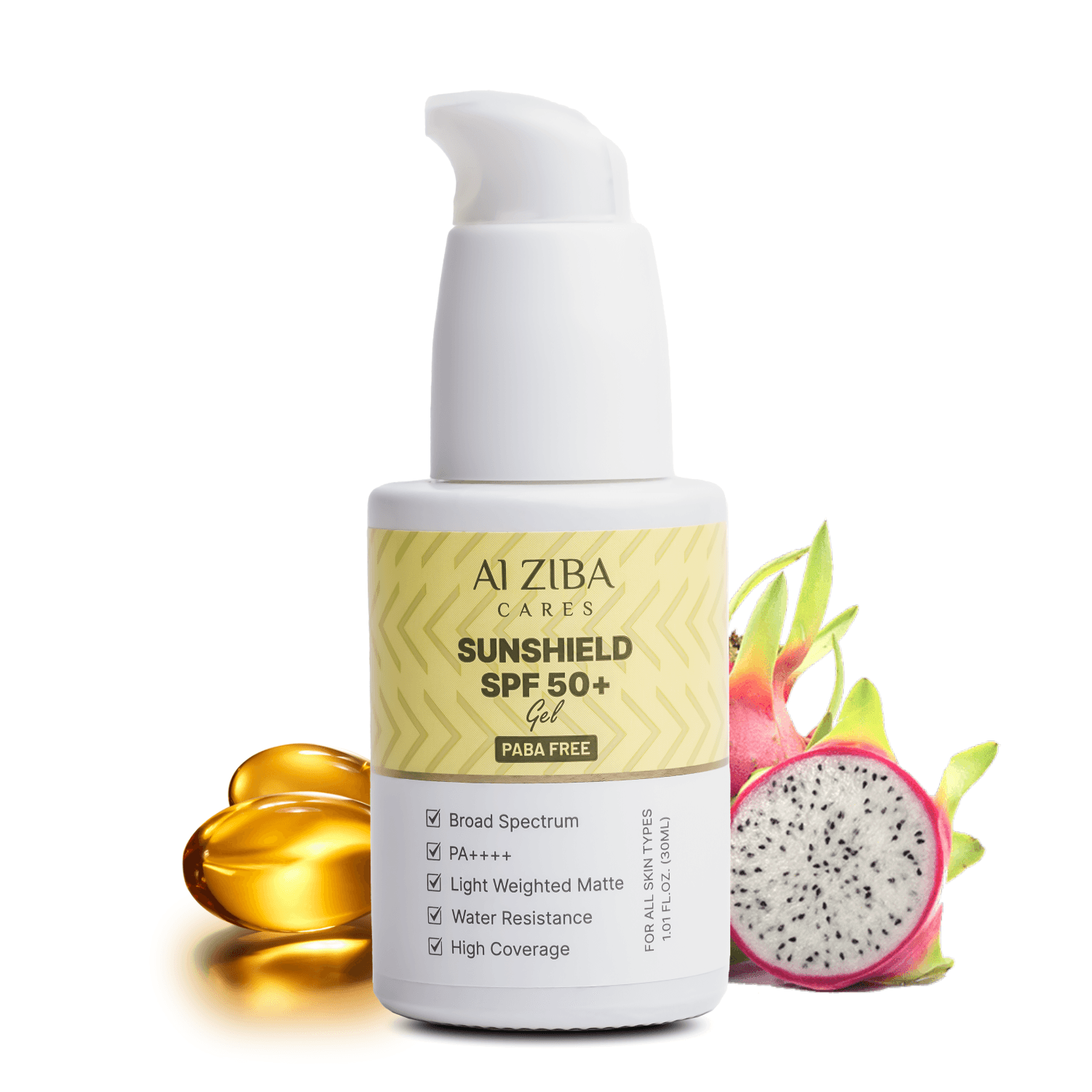 ALZIBA CARES Sunshield SPF 50+ Gel With Vitamin E | Water Resistant | Matte Finish | High Coverage - 30ML