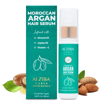 ALZIBA CARES Moroccan Argan Hair Serum with Jojoba Oil, Almond Oil and Vitamin E | For Frizz free, Shiny, soft and Nourished Hair | 50 ML | For Men and Women & all Hair Types