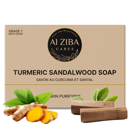 ALZIBA CARES Turmeric Sandalwood Soap (Pack of 4)  with Turmeric, Sandalwood, Aloe Vera and Glycerine  | For Purifying, Calming and Moisturising Skin   | High TFM (Grade 1), Vegan  | For all Skin Types  | 100G * 4 Soap Bar