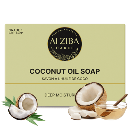 ALZIBA CARES Coconut Soap (Pack of 4)  with Coconut Oil, Coconut Extracts and Glycerine  | For Deep Moisturization and Hydrated Skin  | High TFM (Grade 1), Vegan  | For all Skin Types  | 100G * 4 Soap Bar