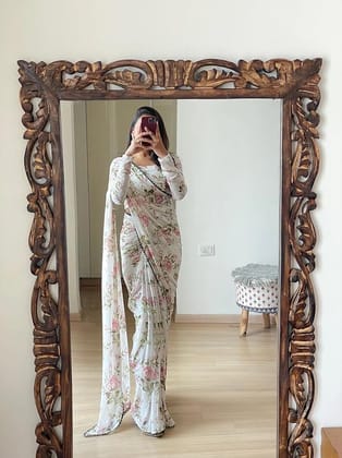 Buy Online White Floral Printed Saree With Blouse