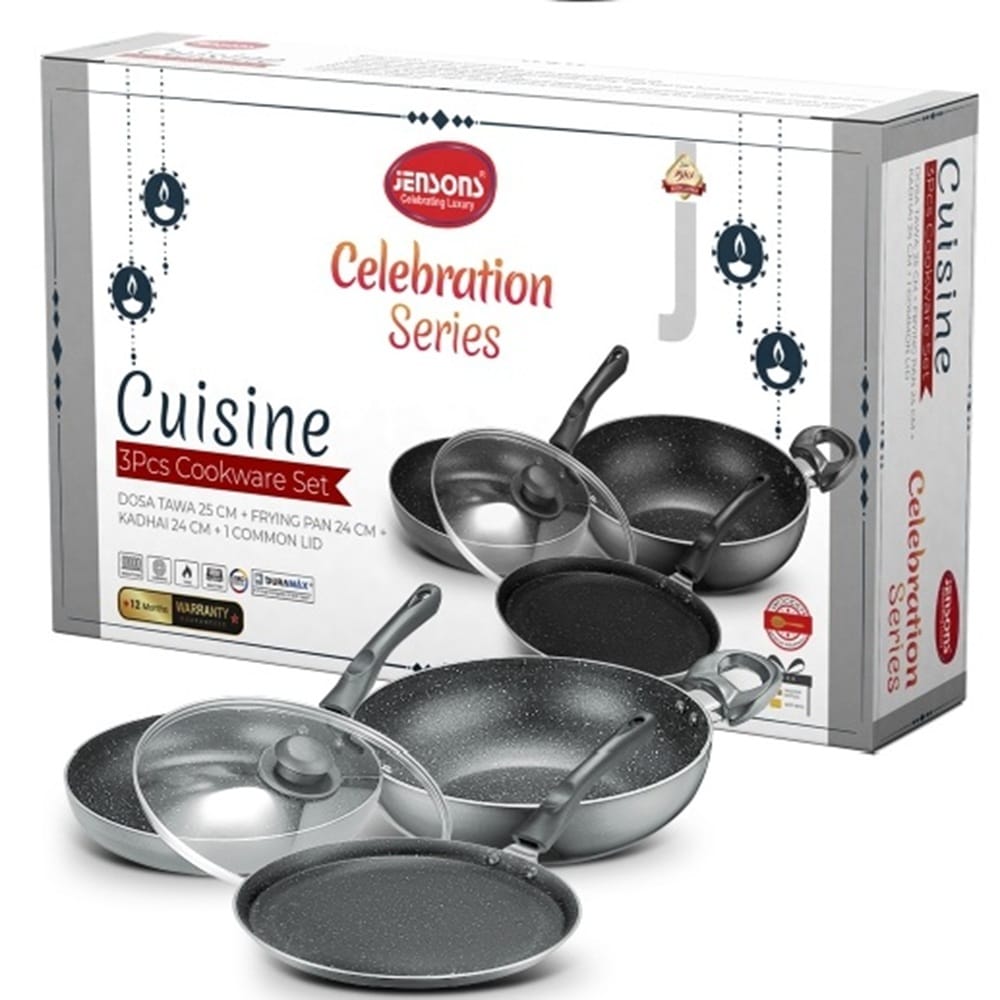 Jenson's Celebration Series 3 Piece Cookware Set with Dosa Tawa, Frying Pan, Kadhai, and Common Lid