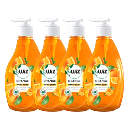 Wiz Orange Handwash Liquid Soap Dispenser Bottle - 450ml (Pack of 4)| Germ Protection | Hand Wash with Added pH-Balanced & Moisturizers for Soft & Gentle Hands | Suitable for all Skin Types