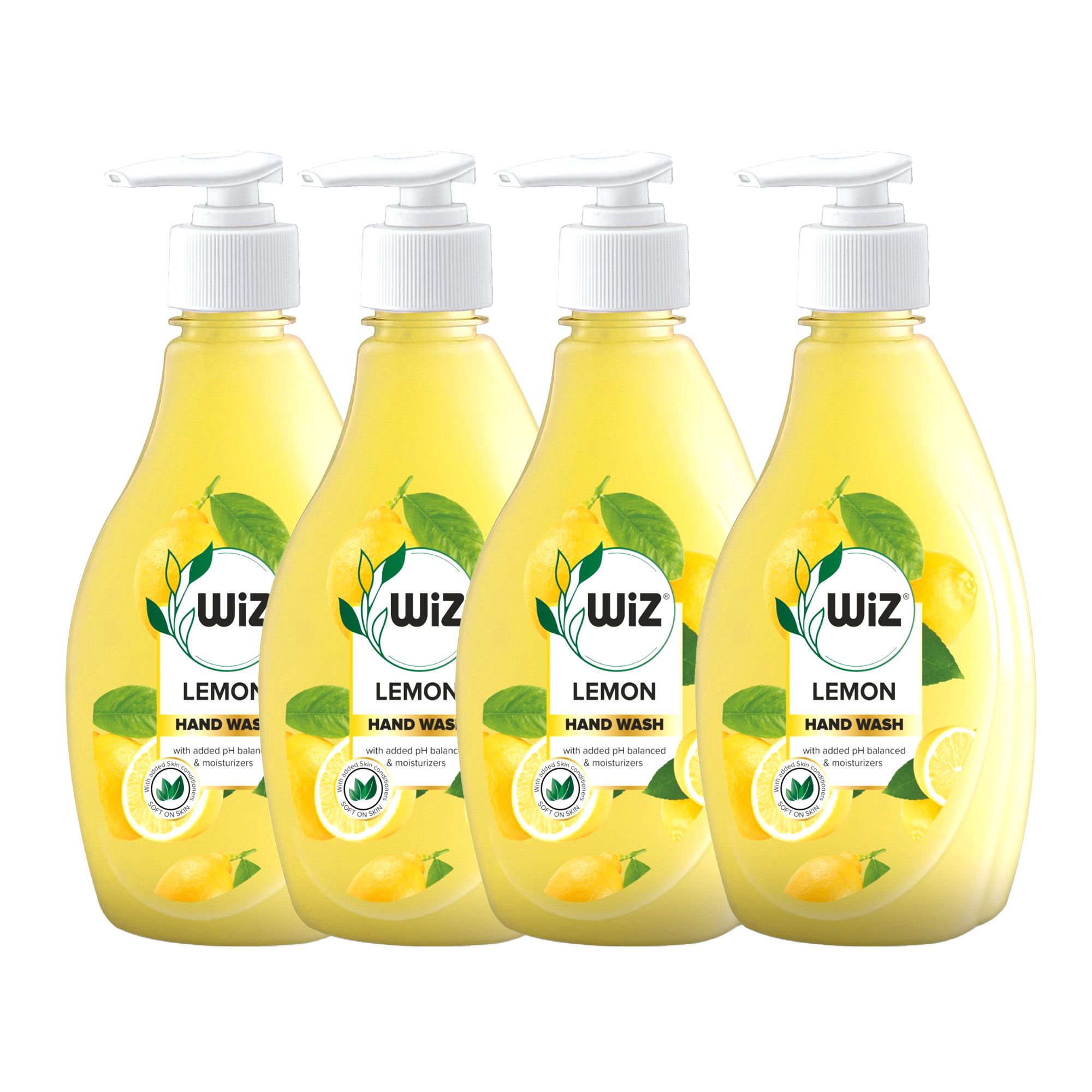 Wiz Lemon Handwash Liquid Soap Dispenser Bottle - 450ml (Pack of 4) | Germ Protection | Hand Wash with Added pH-Balanced & Moisturizers for Soft & Gentle Hands | Suitable for all Skin Types