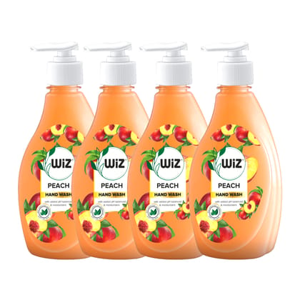 Wiz Peach Handwash Liquid Soap Dispenser Bottle - 450ml (Pack of 4)| Germ Protection | Hand Wash with Added pH-Balanced & Moisturizers for Soft & Gentle Hands | Suitable for all Skin Types