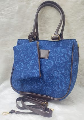 Blue cotton azrak print Hand/sling bag with Detachable Sling and Zip Closure