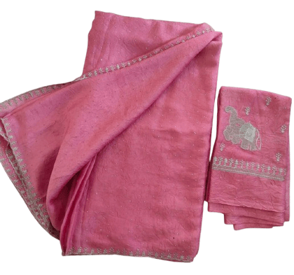 Pink Hand Embroidered Chiffon Saree with Silver Rhinestones and Matching Blouse Piece