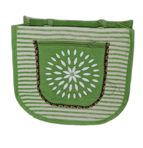  Green and White Striped Hand Embroidered Jute Bag