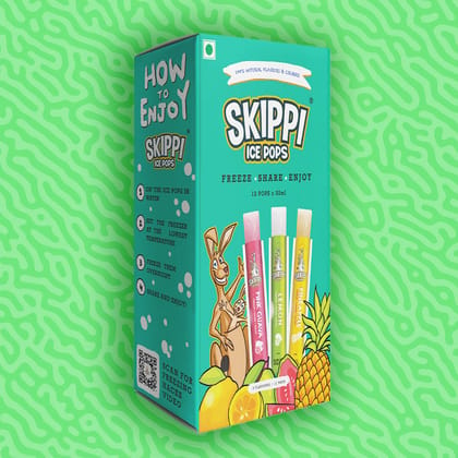 Green small box of Pink Guava,Lemon and Pineapple Flavor small pack of 12 Skippi Ice pops of 32 ml, 4 sets of 3 flavors