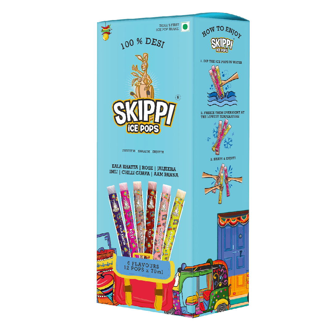 All Desi Flavour Box of Skippi Ice Pops, Kala Khatta, Rose, Jaljeera, Imli, Chilli Guava, Aam Panna ( 2 Qty of 6 Indian flavours, 12 Ice pops X 70ml each)