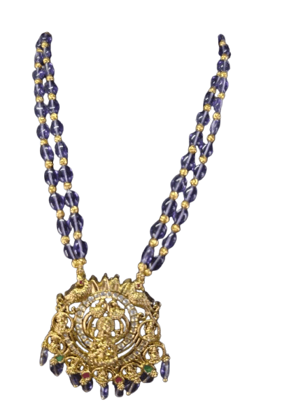  oxidized gold plated traditional long haar necklace set with round purple beads