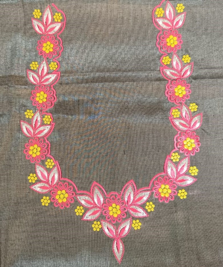  Exquisite Hand Embroidered Pink Floral Applique Neckline Blouse Design