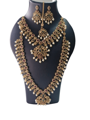 Buy Indian Traditional Gold Plated Haram Necklace Set with Earrings and Maang Tikka for Women